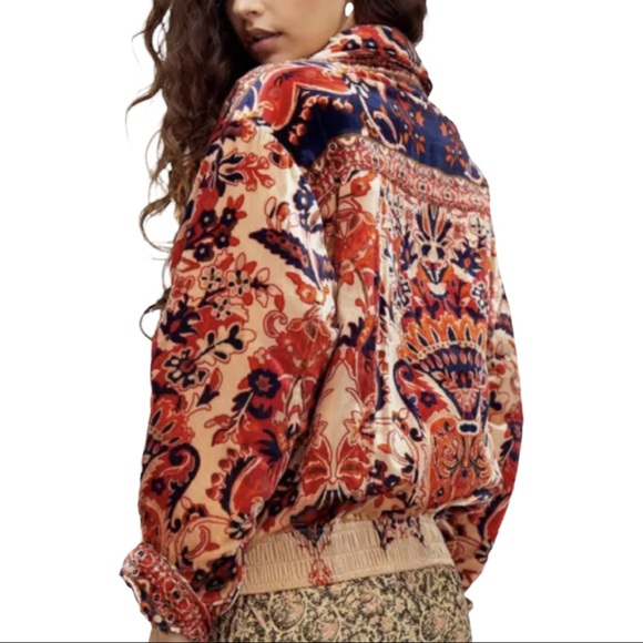 Free People Bailey Velvet Moto Sm Blue Red Floral Jacket Coat - Picture 1 of 6